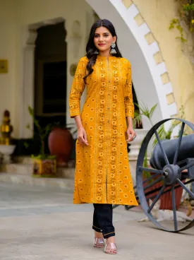 Women Mustard & Black Printed Kurta Set