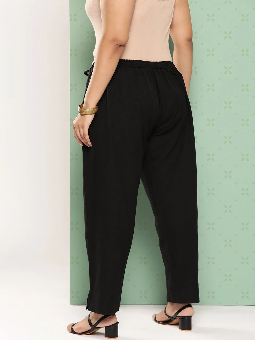 Women Plus Size Black Cotton Trouser