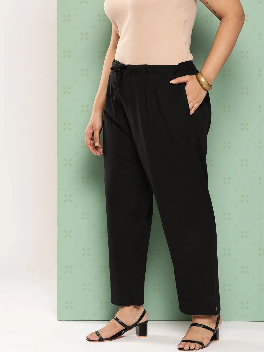 Women Plus Size Black Cotton Trouser