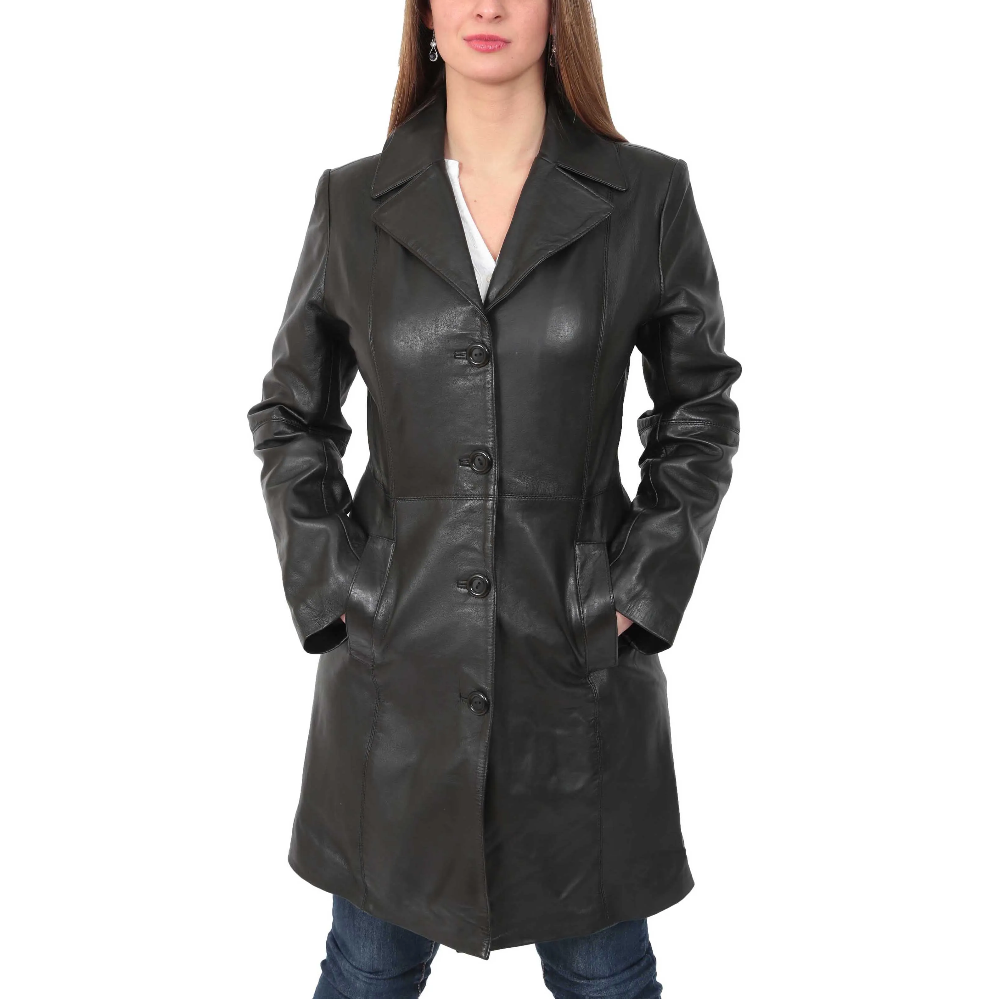 Womens 3/4 Button Fasten Leather Coat Cynthia Black