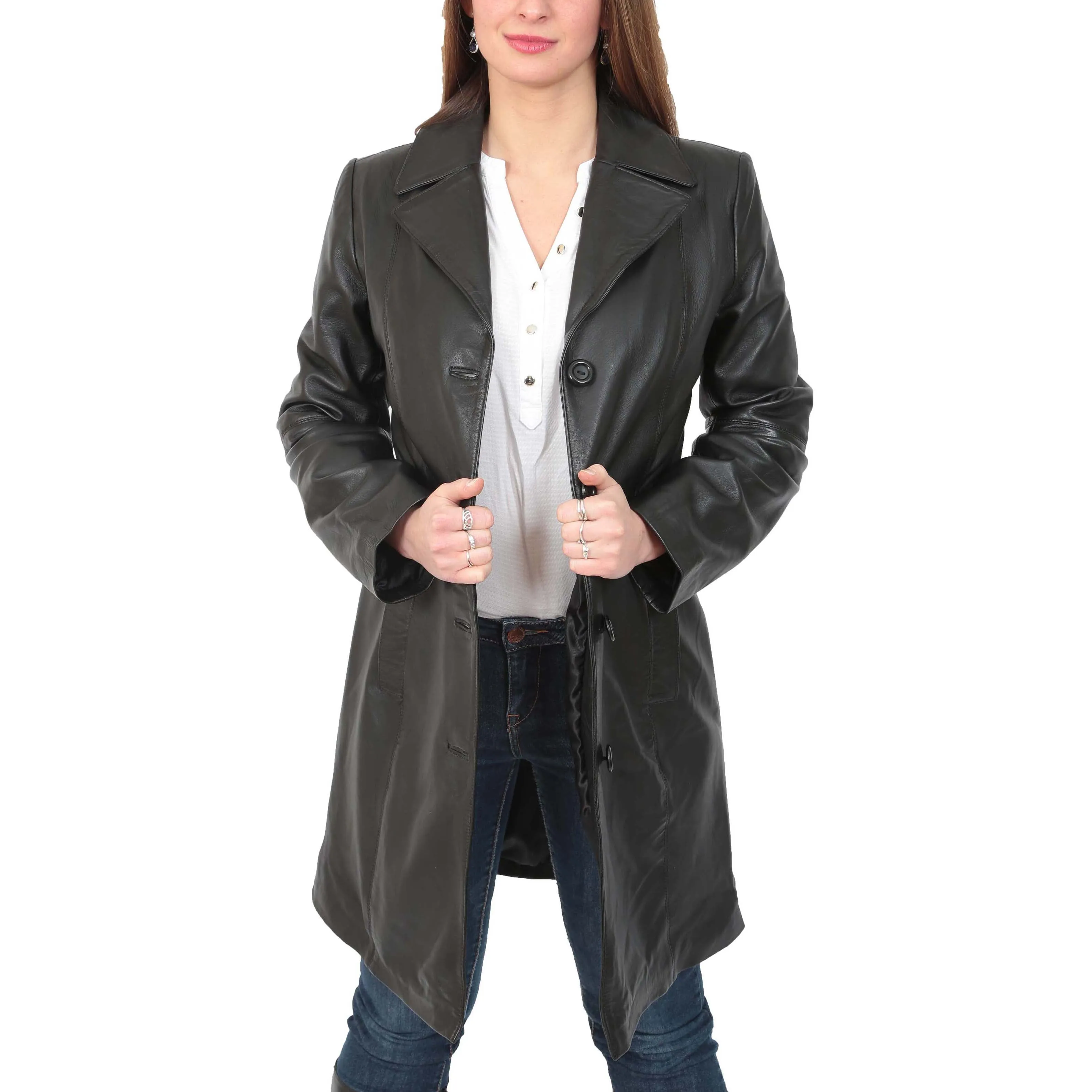 Womens 3/4 Button Fasten Leather Coat Cynthia Black