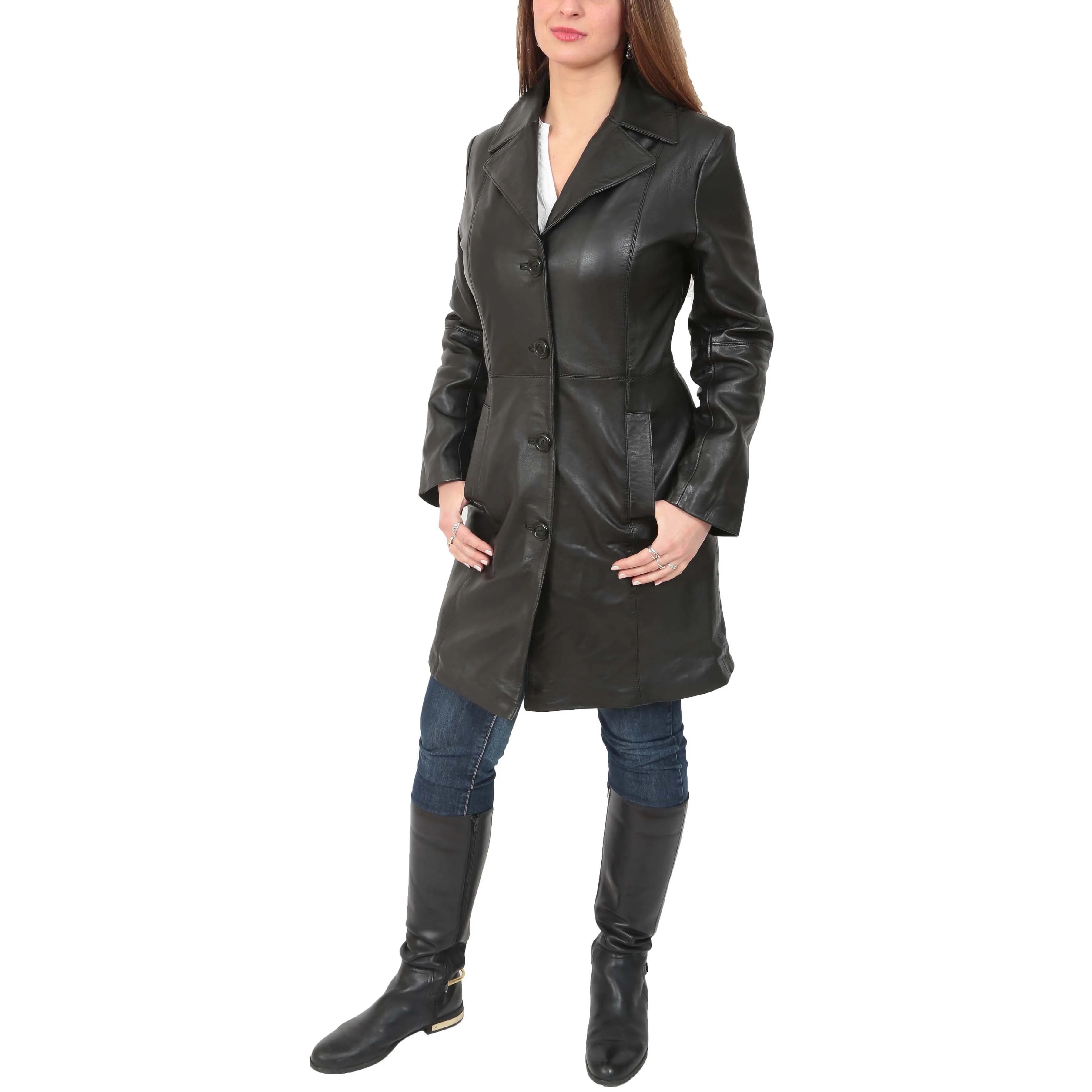 Womens 3/4 Button Fasten Leather Coat Cynthia Black