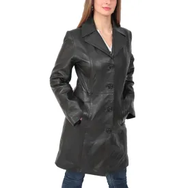 Womens 3/4 Button Fasten Leather Coat Cynthia Black