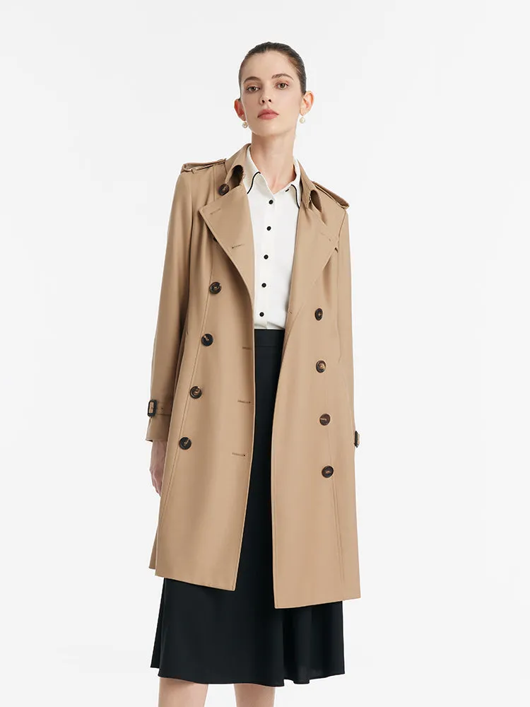 Worsted Wool Gathered Waist Double-Breasted Women Trench Coat