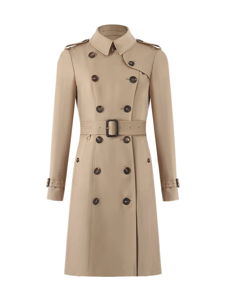 Worsted Wool Gathered Waist Double-Breasted Women Trench Coat