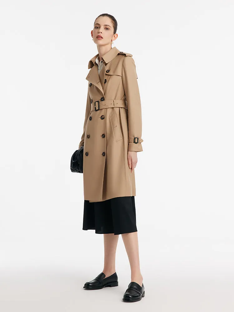 Worsted Wool Gathered Waist Double-Breasted Women Trench Coat