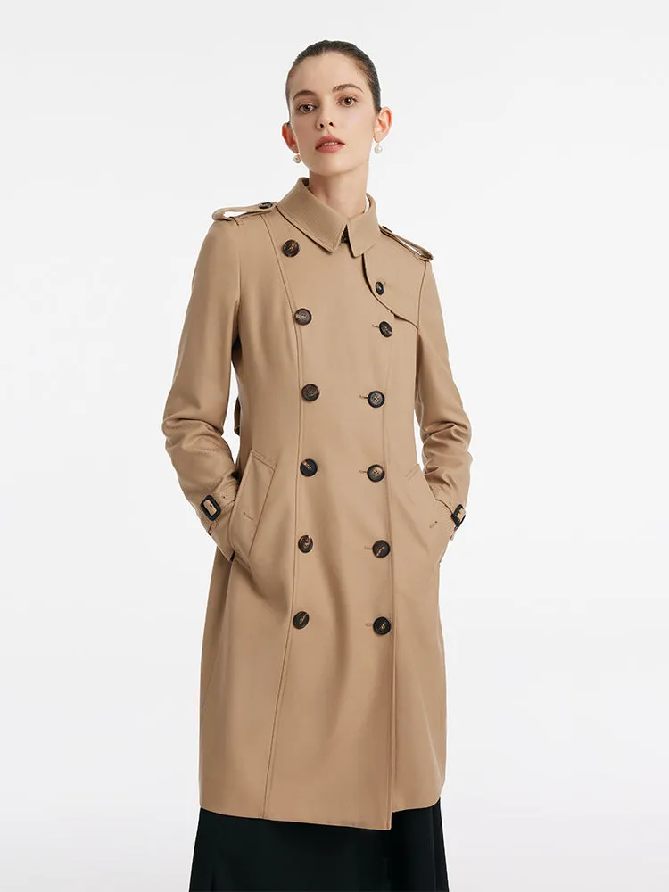 Worsted Wool Gathered Waist Double-Breasted Women Trench Coat