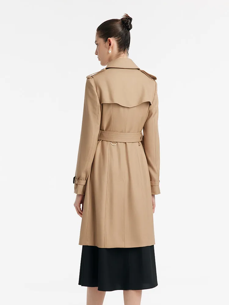 Worsted Wool Gathered Waist Double-Breasted Women Trench Coat