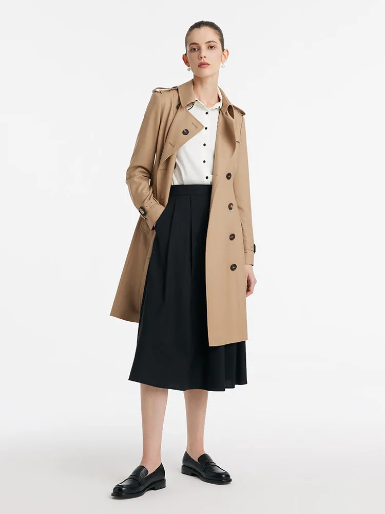 Worsted Wool Gathered Waist Double-Breasted Women Trench Coat